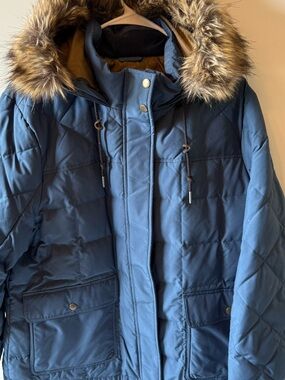 Eddie Bauer Down Navy Coat with Faux-Fur Trim Hood